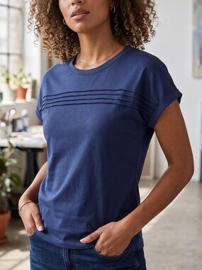 NWOT | Dusty Blue Horizontal Pleated Chest Detail Short Sleeve Tee Top | Large